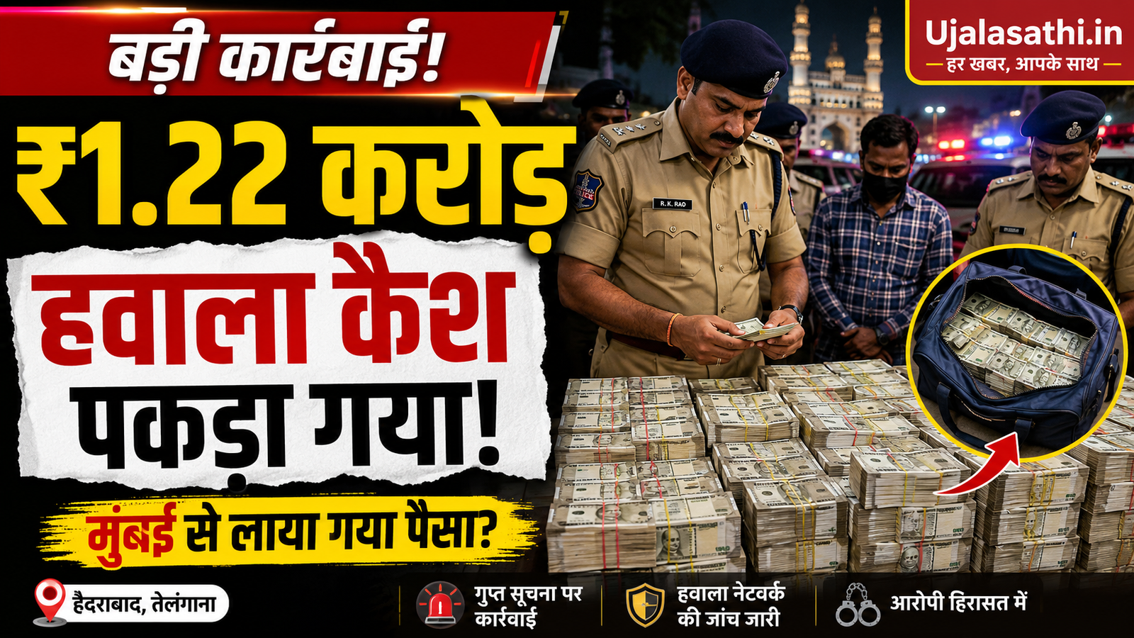हैदराबाद में ₹1.22 करोड़ हवाला कैश जब्त