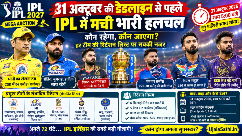 IPL 2027 रिटेंशन की संभावित सूची और धोनी विराट कोहली रोहित शर्मा से जुड़ी खबरें