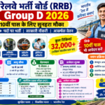 RRB Group D 2026 भर्ती इन्फोग्राफिक जिसमें रेलवे की रिक्तियां, 10वीं पास योग्यता, आयु सीमा, ₹18,000 मूल वेतन, परीक्षा पैटर्न और चयन प्रक्रिया की जानकारी दी गई है
