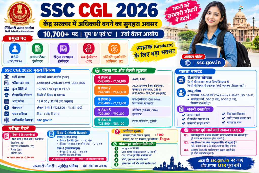 SSC CGL 2026 भर्ती इन्फोग्राफिक जिसमें सरकारी पदों, शैक्षणिक योग्यता, आयु सीमा, सैलरी, परीक्षा पैटर्न और ऑनलाइन आवेदन की जानकारी दी गई है।
