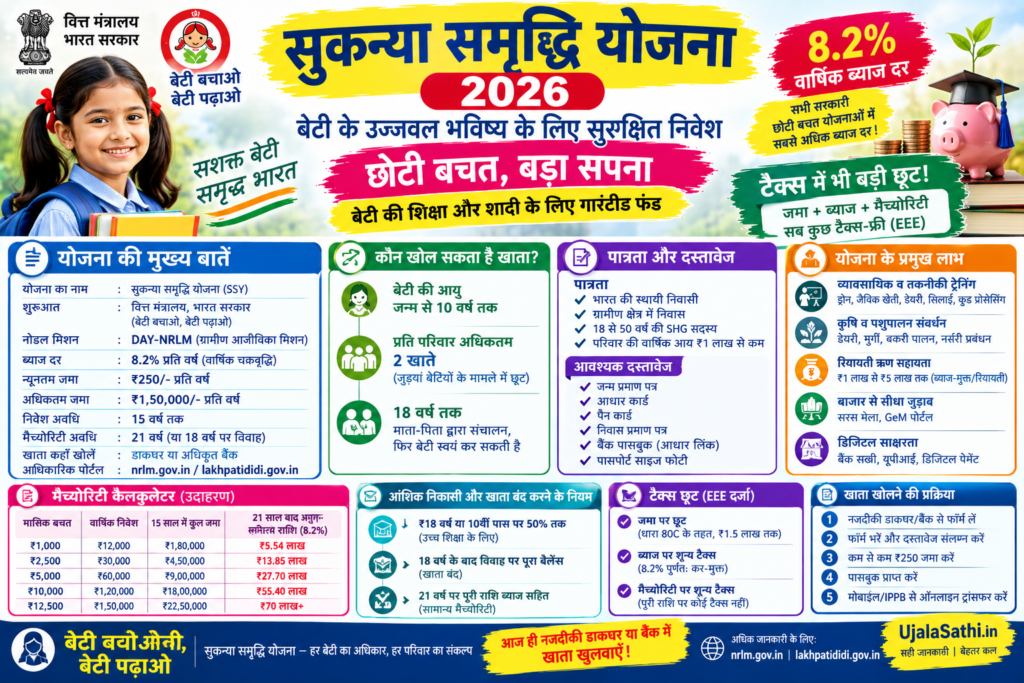 सुकन्या समृद्धि योजना 2026 की जानकारी, ब्याज दर, जमा सीमा, मैच्योरिटी कैलकुलेटर और बेटी के भविष्य के लिए बचत