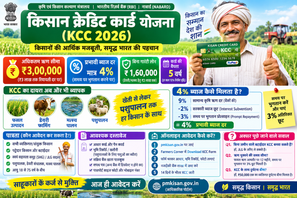 किसान क्रेडिट कार्ड योजना 2026 की जानकारी जिसमें ₹3 लाख तक कृषि ऋण, ब्याज दर, पात्रता, जरूरी दस्तावेज और आवेदन प्रक्रिया दिखाई गई है।