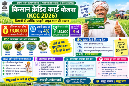 किसान क्रेडिट कार्ड योजना 2026 की जानकारी जिसमें ₹3 लाख तक कृषि ऋण, ब्याज दर, पात्रता, जरूरी दस्तावेज और आवेदन प्रक्रिया दिखाई गई है।